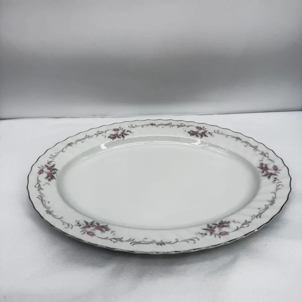 Gold Standard Heavy Platter Floral Pink Silver Trim Vintage Serving 14in w/ Box